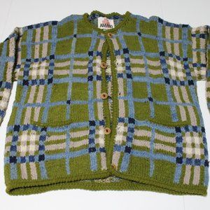 Vintage Amano Sweater Button-Up Chunky Cardigan Plaid Green Colorful 100% Wool